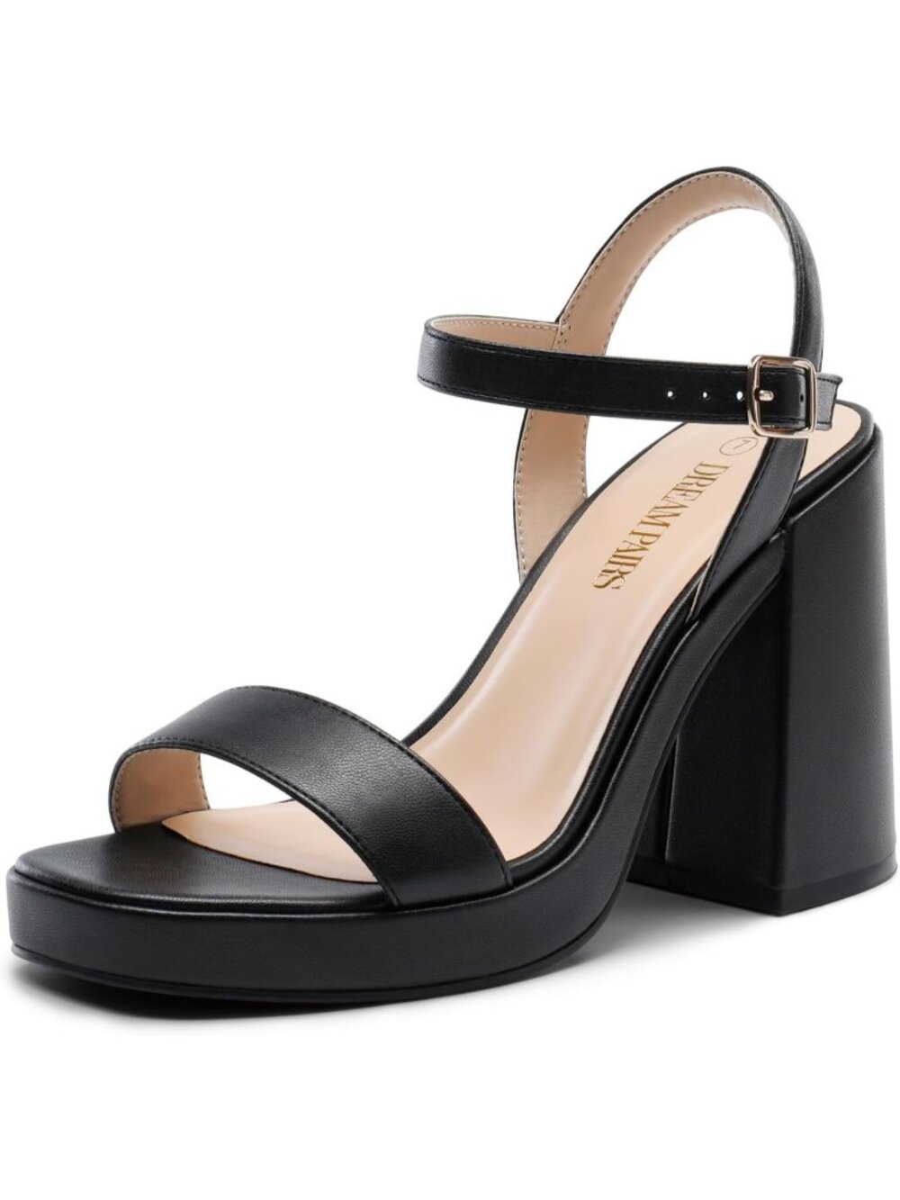 Women's Black Faux Leather Chunky Block Heel Comfortable Sandal Party Prom Heels